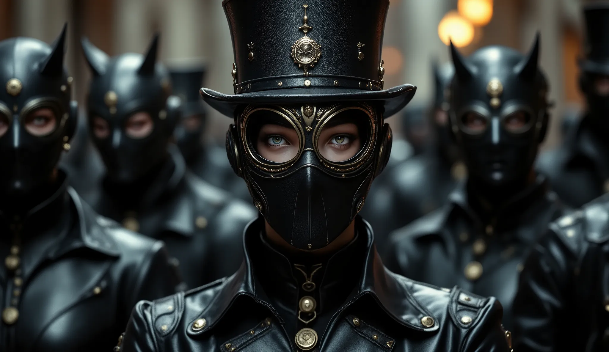 DecadencE Poster, style metal like adds around anno 1900, many black leather steampunk masked people, High resolution, 8k, 