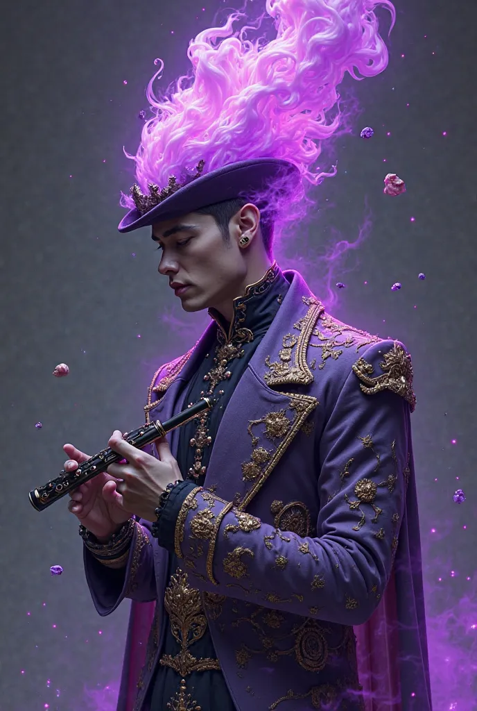 Man,Head of purple fire,Noble clothes,a flute in hands,a fencer hat,randon parts of The body in little purple transparence 