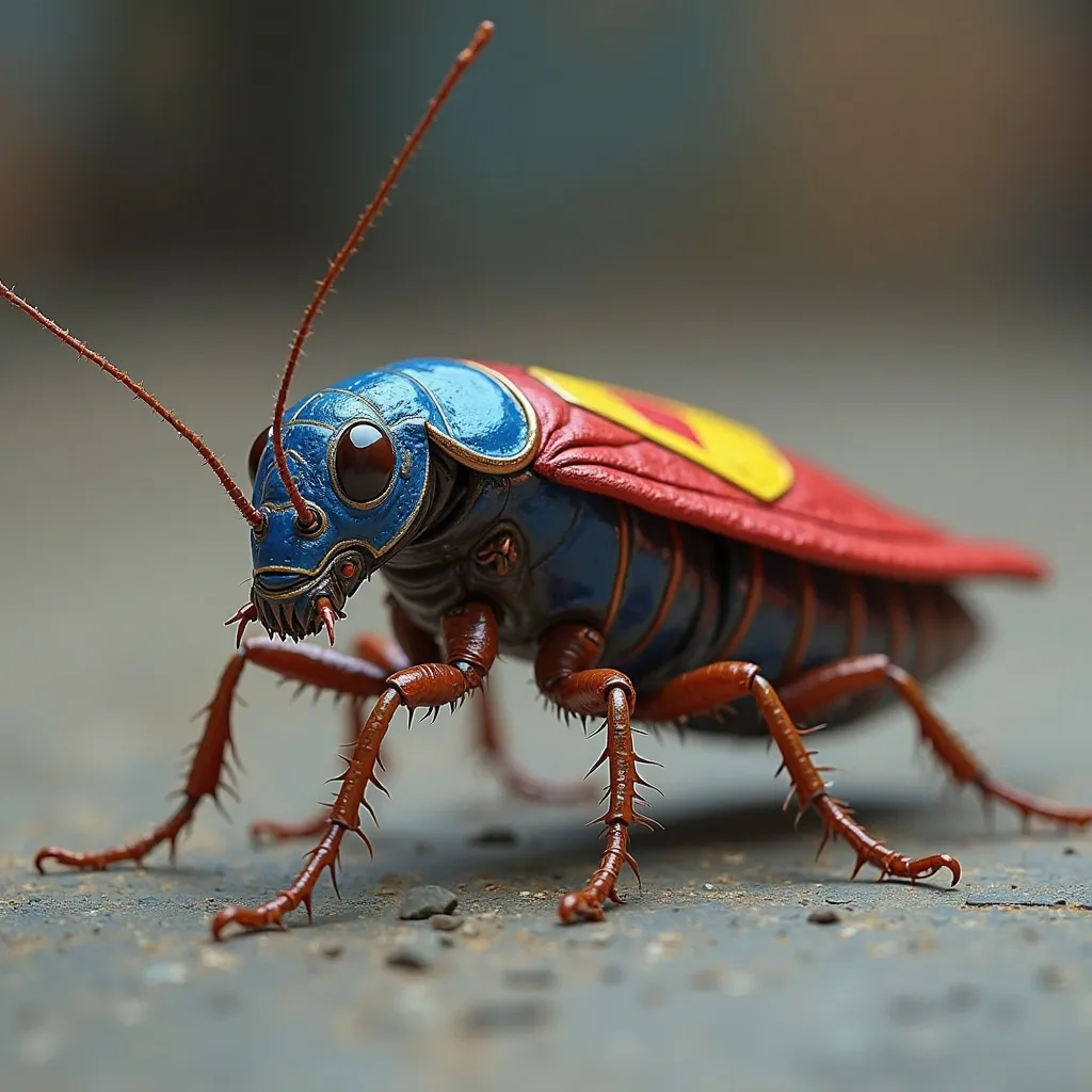 Create a Realistic image. A real Cockroach covered with Superman's Blue,yellow and Red color costume design with superman logo, ...