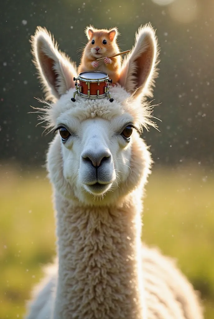 English:

“A calm and fluffy llama standing in a sunny meadow, looking directly at the camera with a neutral expression. On its ...