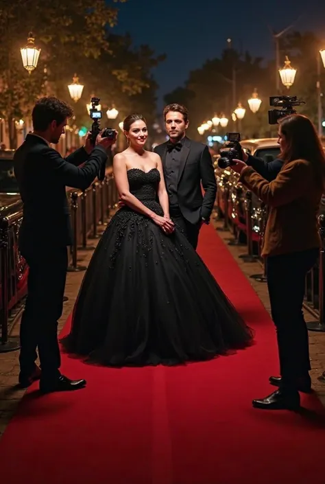 Paparizos who take photos at night, there is a red carpet and a limousine. there is a famous couple. The woman has a black and ...