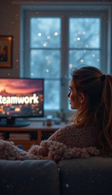 ultra-realistic , photorealistic, A woman sitting on the couch watching TV on TV has a name Teamwork the name Teamwork you can...