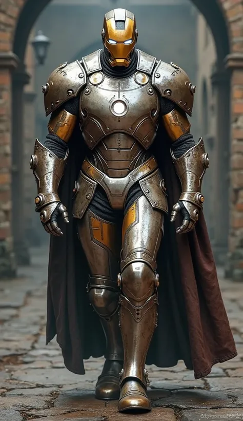 Marvel's Iron Man dressed in the armor of a Templar soldier walking toward the camera