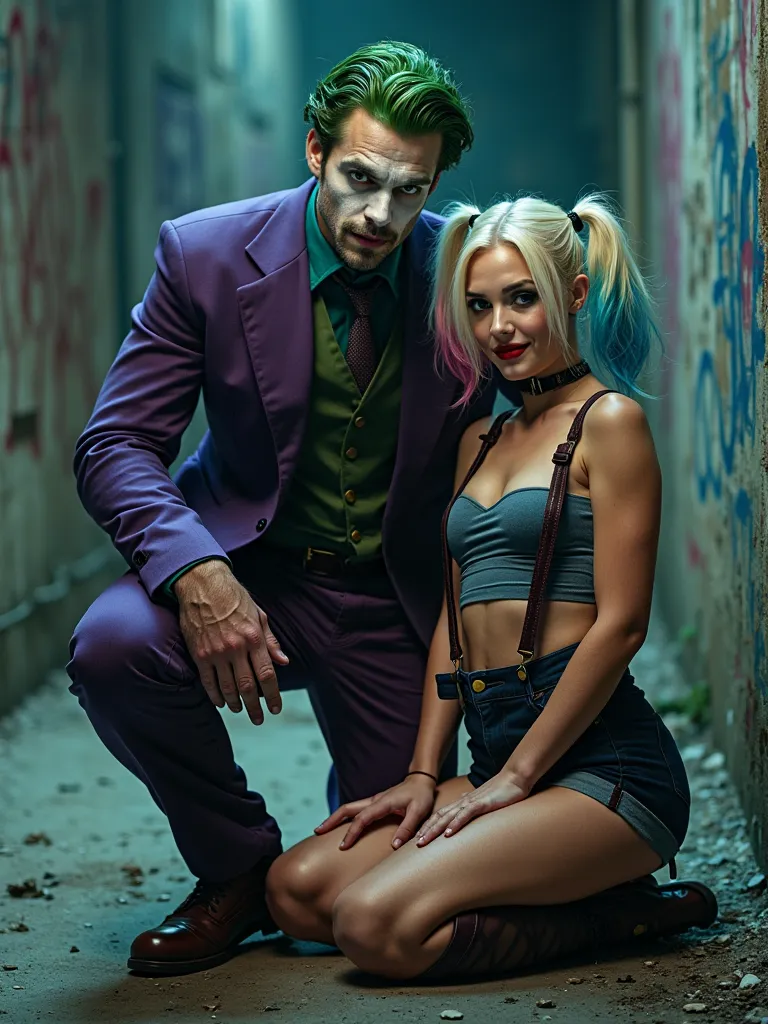 
*"Harley Quinn is kneeling in front of the Joker,  both looking directly at the camera . Harley has a bold and playful look,  w...