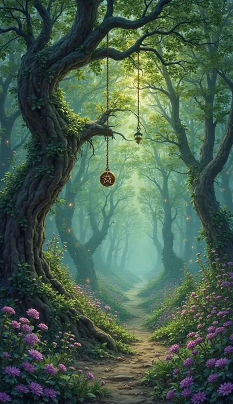The map is made in fantasy style
The centerpiece is a magical green forest , ancient magical green trees , стоит дуб purple ...