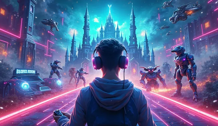 "Create a vibrant and dynamic image for a gaming channel. The art must present a high-tech environment with neon tones (blue, pu...
