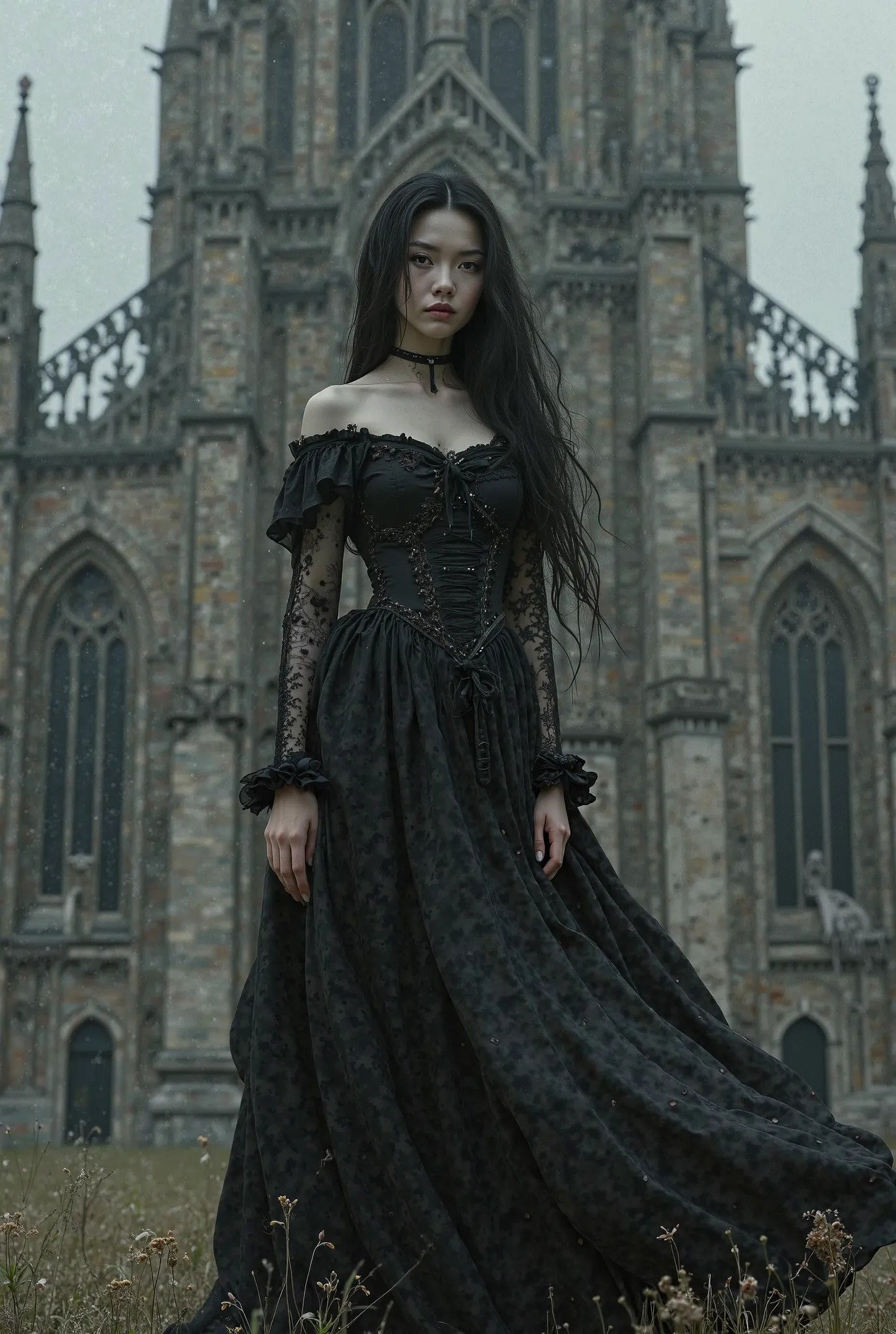 Girl in black gothic dress in front of a huge church