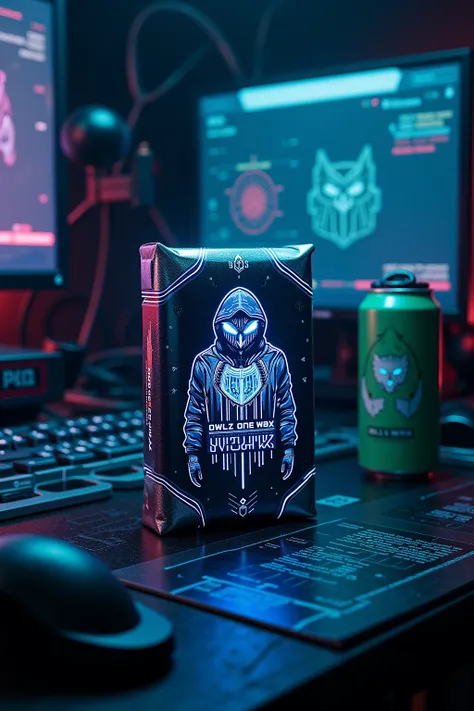 *"A futuristic cyberpunk trading card pack labeled 'Owlz on Wax – Supporter Pack' rests at the center of a high-tech, neon-lit w...