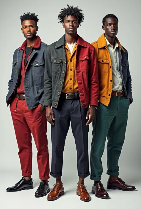 Outfit combination for men: three types of models with different clothes combining colors and garments