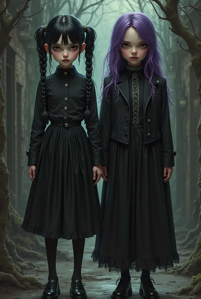 Wednesday Addams and Enid Sinclair dressed in black. 