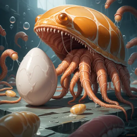 A logo with vintage radio set floating in a bubble egg attacked by worms.