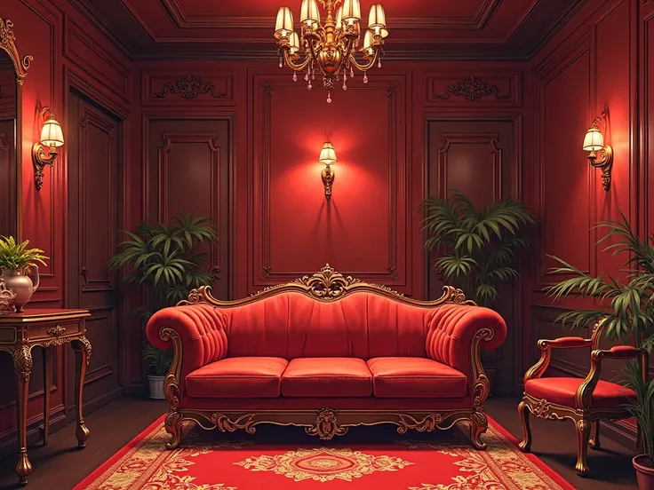 un grand salon sans personnage avec un style anime manga, avec des couleurs rouges dominante et un canapé