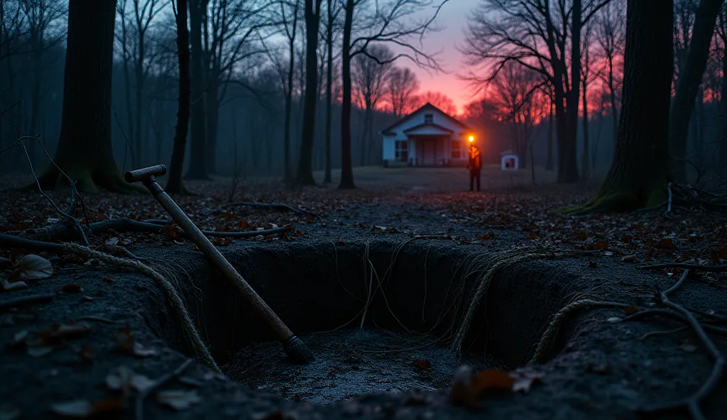 "A haunting, desolate scene of a dense Kentucky forest at dusk, where a shallow hole reveals an old, rusted shovel and a frayed ...