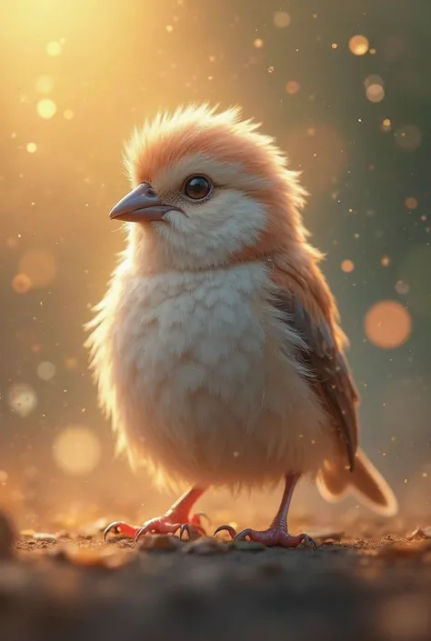 A charming close-up portrait of a beautiful little bird illuminated by the soft golden light of a quiet morning, with bright bok...