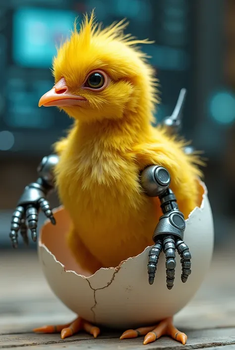 "Cyborg Chicken Emerges" - A hybrid yellow baby chicken with metallic limbs, sensors embedded in its feathers, and glowing red e...