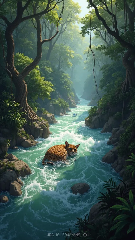 Wide Shot: A dangerous jungle river scene, Cat unconscious floating on a flowing river