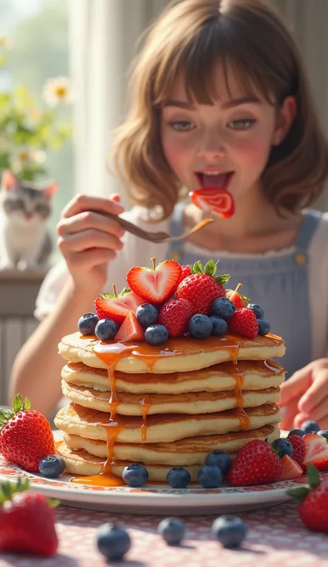 Lots of strawberries and blueberries
The pancake on it
Trying to eat
cute cat
I'm wearing a dress
Facing forward
As real as...