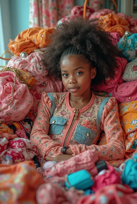 Une jeune fille est assise au centre de l'image, entourée d'une montagne de produits de beauté, de vêtements et d'accessoires. E...