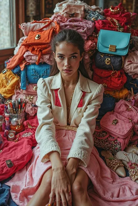 Une jeune fille est assise au centre de l'image, entourée d'une montagne de produits de beauté, de vêtements et d'accessoires. E...