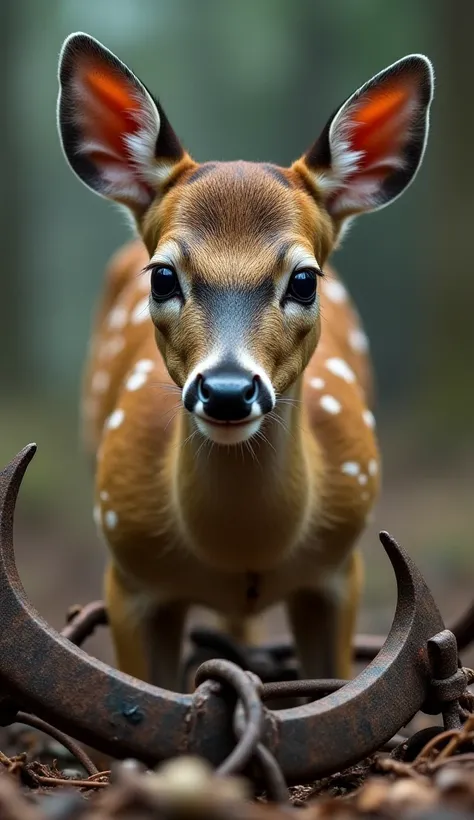 Introduce a young deer caught in a rusted bear trap. Describe its fearful eyes, frantic breathing, and the scent of blood in the...