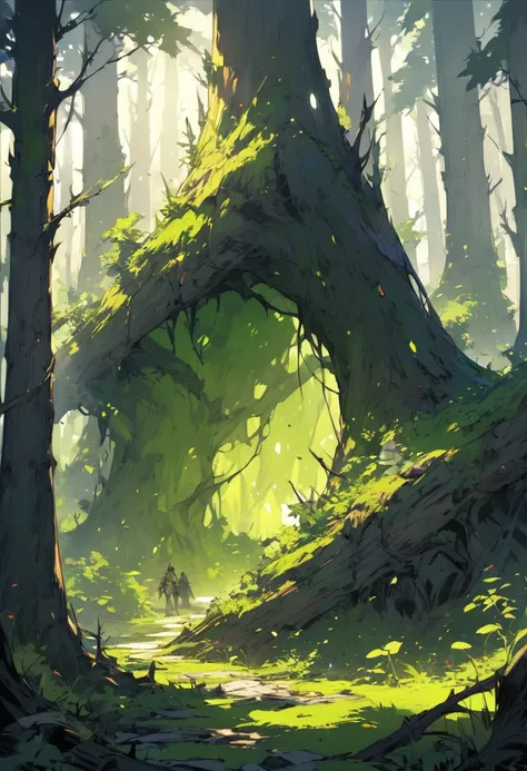 the environmen is a forest with a line off broken trees, in a fantasy settings