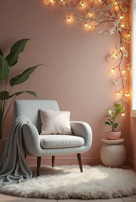 Add a light gray fluffy throw blanket on the end and fairy lights with leaves on the wall