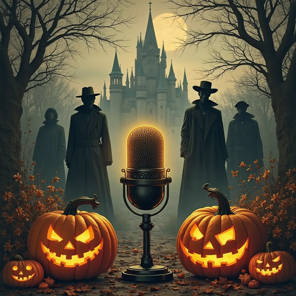 A dark, vintage-inspired collage featuring a haunting castle, a glowing podcast microphone, Halloween pumpkins, and shadowy hist...