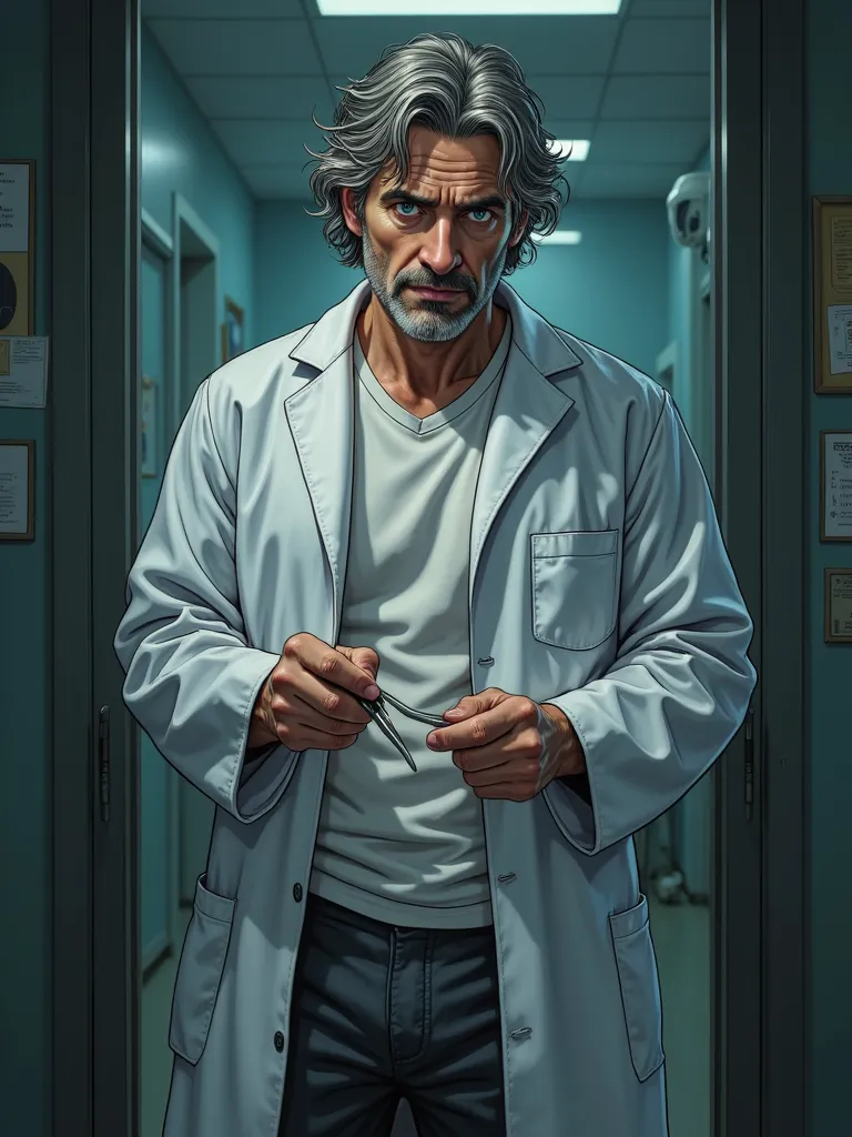 Illustration of a man about 45 years old, Italian look , disheveled gray hair, Face of an intelligent scientist, blue eyes, gray...