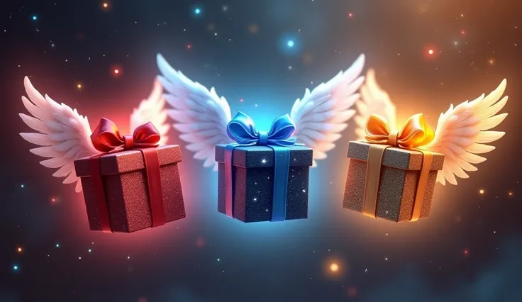 The image showcases three magical gift boxes, each with a distinct color theme—red, blue, and gold—floating in a fantasy-inspire...