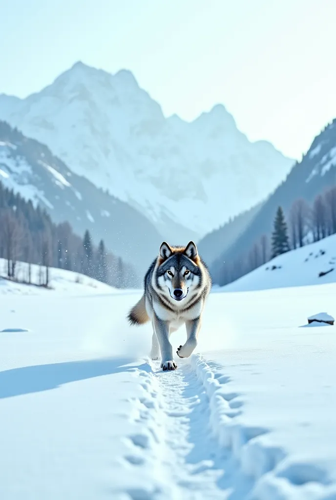 Run along the snowy mountain and a wolf howls