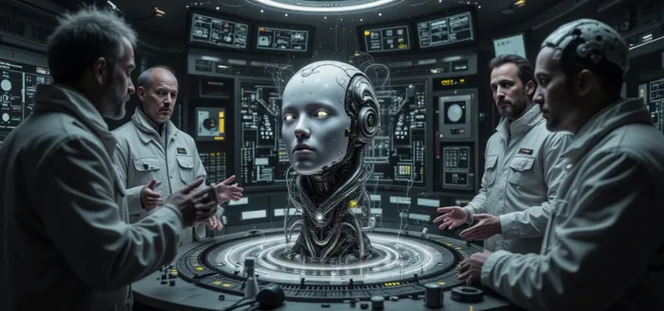 Scientists explain to Forrest Gump, a thin android, with a body full of white parts and circuits and.human face by Tom Hanks, th...