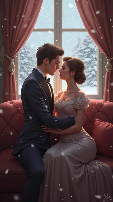 A handsome man and woman are sitting by the window in a room, hugging the woman, it is snowing outside the window