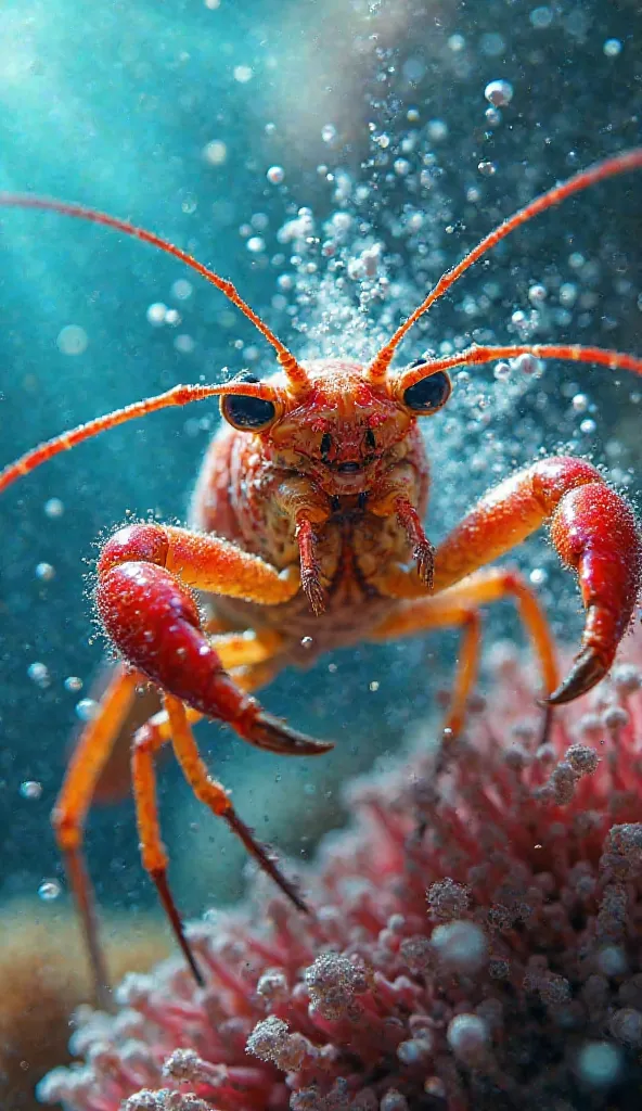 "A Mantis Ultra-realistic Shrimp in a vibrant, captured at the exact moment it delivers a powerful punch. Its claws are fully ex...