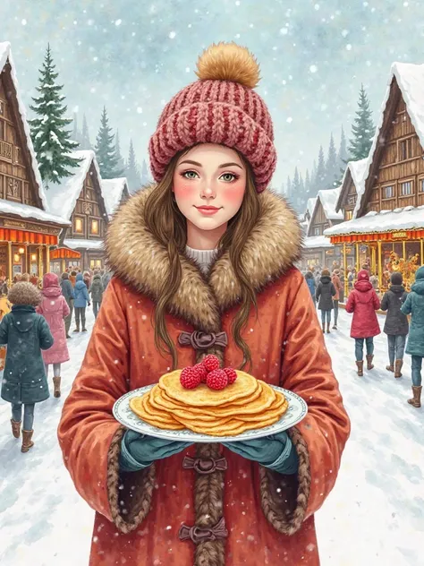 A celebrating Maslenitsa, a traditional Slavic holiday. . In her hands she holds a plate with golden thin pancakes with raspber...