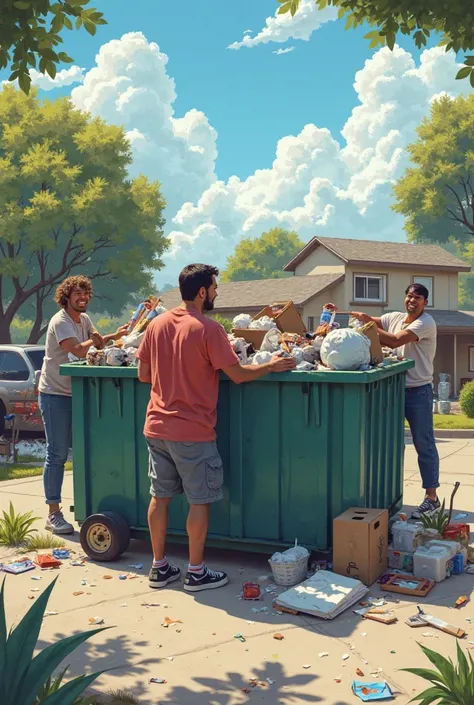 Removing items from home , into a dumpster, on a sunny day , clear skies ,