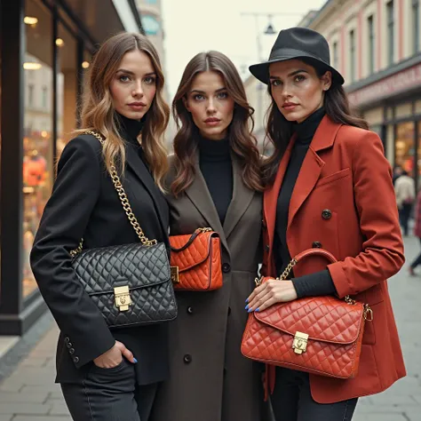 3 women together. each wearing a fashionable handbag