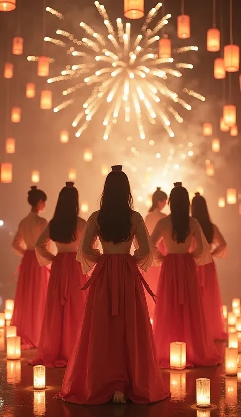 7️⃣ Scene 7: Final Pose with Fireworks
"The final dramatic pose of BLACKPINK, surrounded by floating lanterns and subtle golden ...