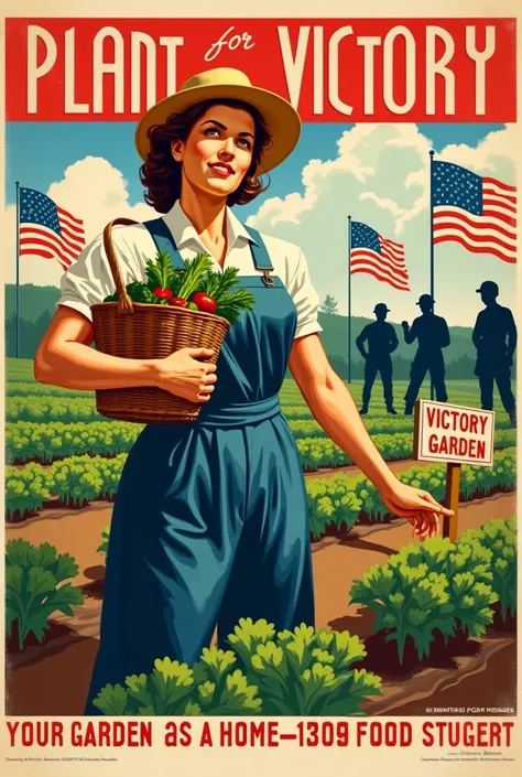 WWII Victory Garden Propaganda Poster:
Headline:
“Plant for Victory!”
Visual Elements:
• A bright, patriotic color palette (r...