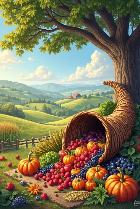 Image of the Horn of Plenty under a tree on a farm
with lots of agricultural products