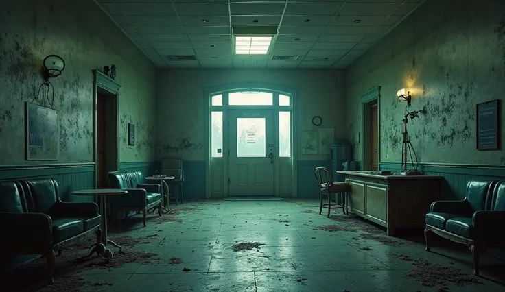 dark abandoned hospital lobby with frosted glass front door