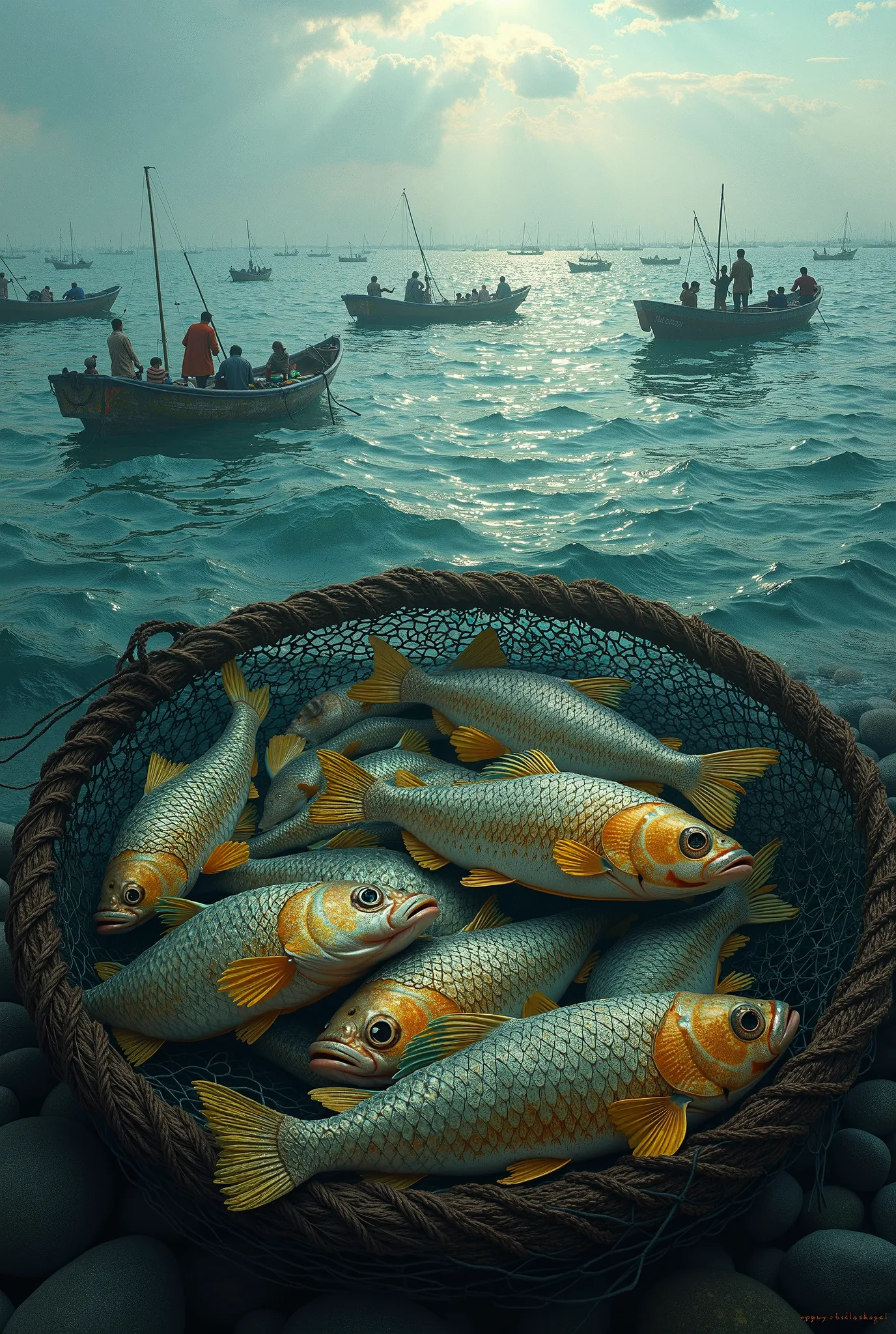 Book Cover Page: Jatka young ilish hilsa fishes catched illegally by fishermen with net in bay of bengal with a lot of boats