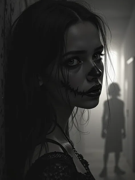 UH-DTD-[Scary visage, black & white, deepset eyes, Venom Style, silhuette of a Symbiont playing in the background, distant echo ...