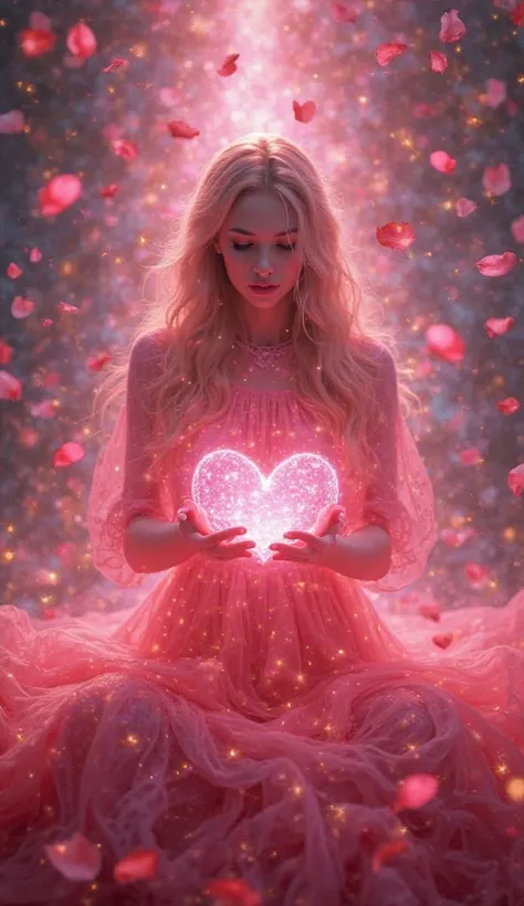 A mystical being radiates an aura of pink and red energy, influencing the emotions of those around them. Their hands create glow...