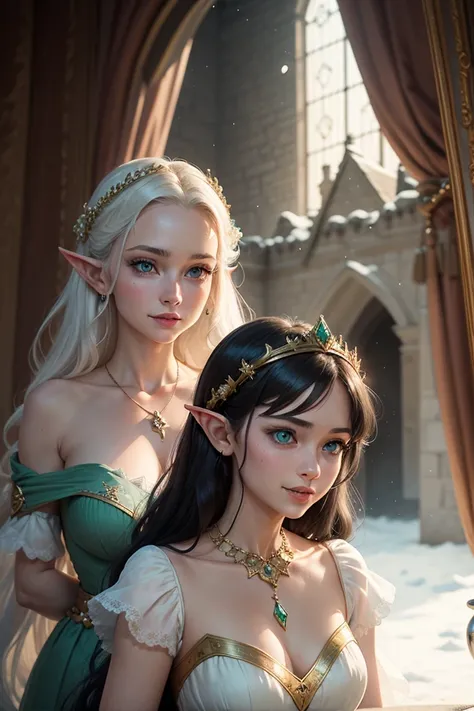 Two Elf Sisters, princesses from a magical kingdom, inside a majestic ancient stone castle. The first sister has long hair, Snow...