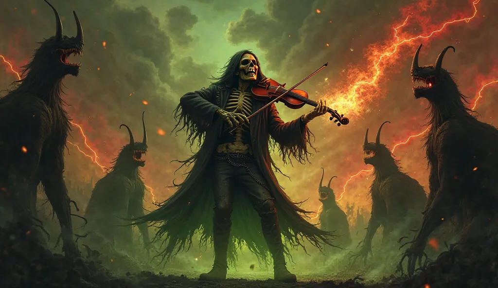 A skeleton wearing a leather jacket and chains plays a violin that burns in green flames in the middle of a stage surrounded by ...