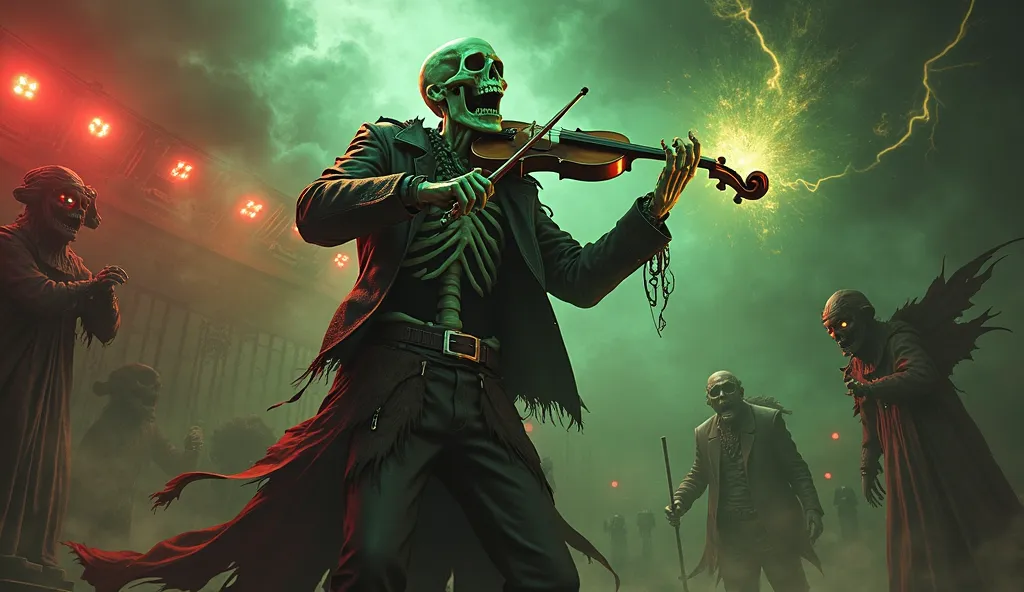 A skeleton wearing a leather jacket and chains plays a violin that burns in green flames in the middle of a stage surrounded by ...