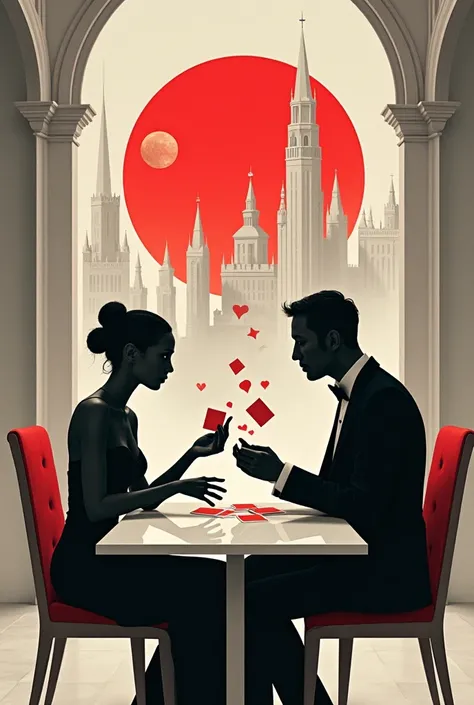 Modern graphic design image, couple, colors gray white, Red and Black, card game abstract art, castillo, realistic, real facel...