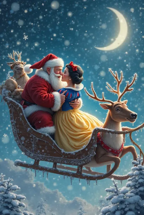 Santa Claus on a sleigh kissing with Snow White in the winter sky.