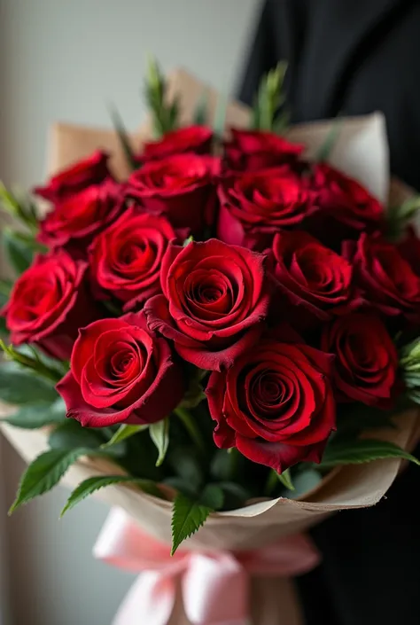 Flower bouquet , for wedding or birthday , simple with wrap , red roses combination