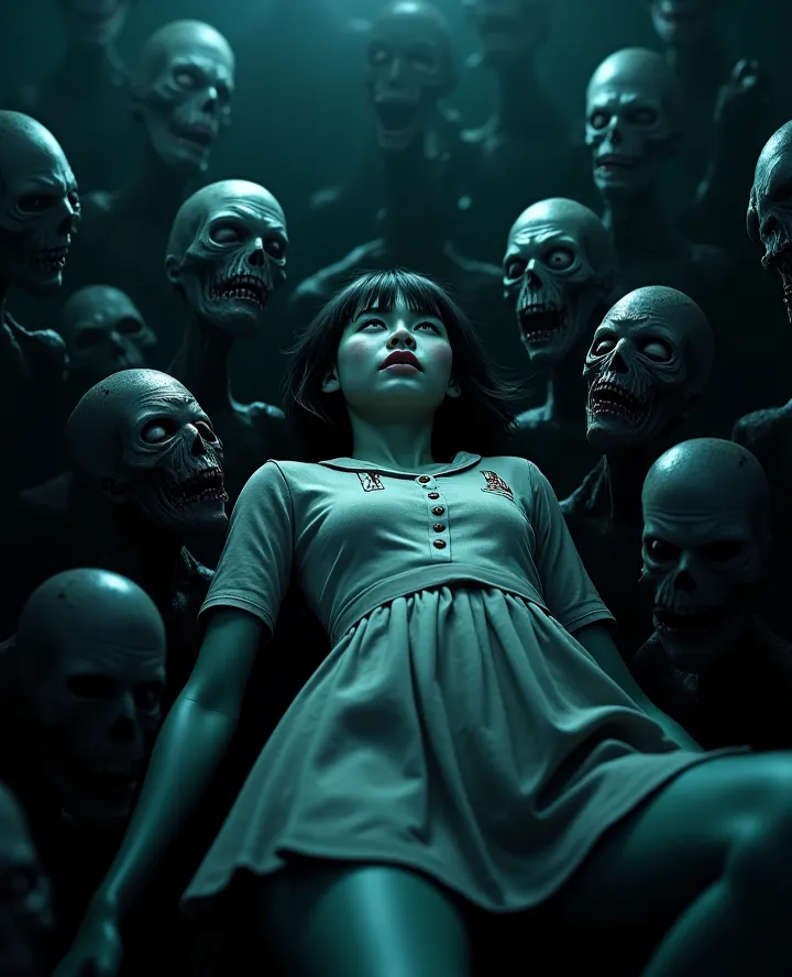 The lifeless body of a Japanese schoolgirl lies surrounded by a horde of zombies who are biting her in the dim light of night.  ...